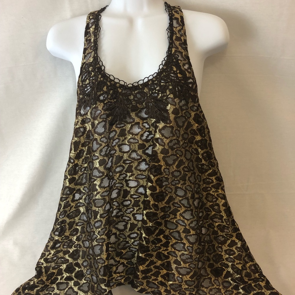 Swool woman Sheer brown gold racerback animal prin